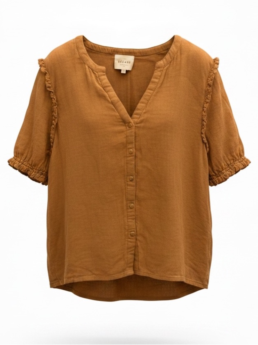 Sezane Rust Brown 100% Cotton Button-Front V-Neck Blouse, Size Small, EUC